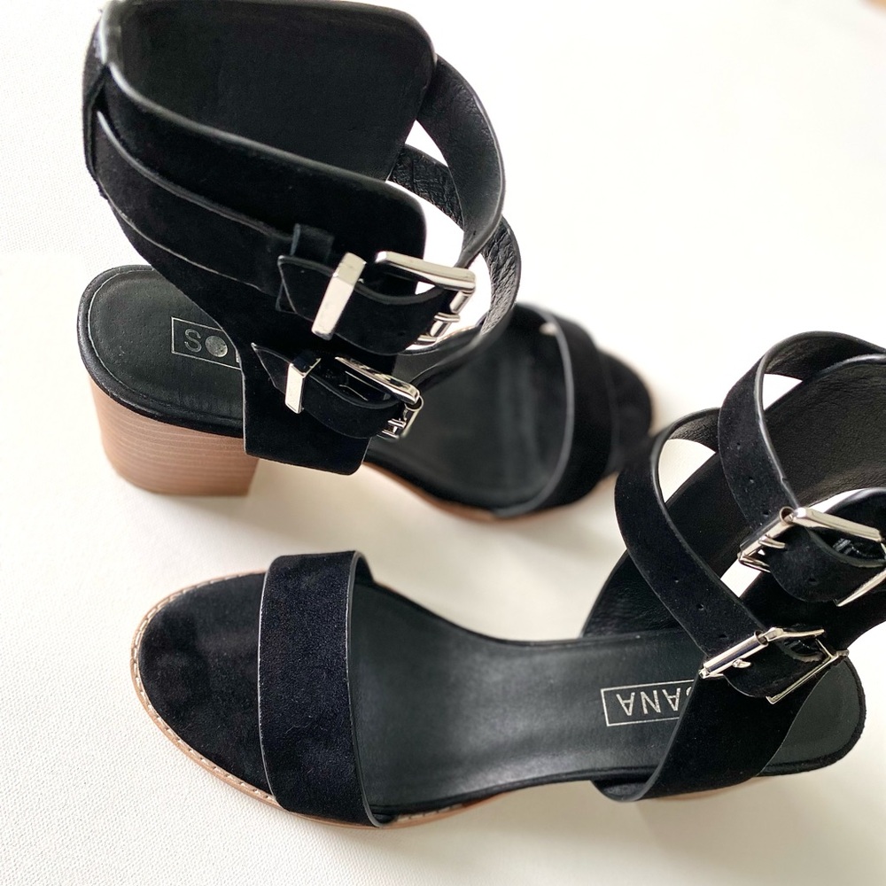 SOL SANA Porter Heel II Black Suede Sandals, Size 40 (US Size 9)